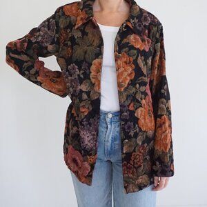 Vintage Susan Graver Black Tapestry Floral Button Jacket Eclectic Grandpa Coat L